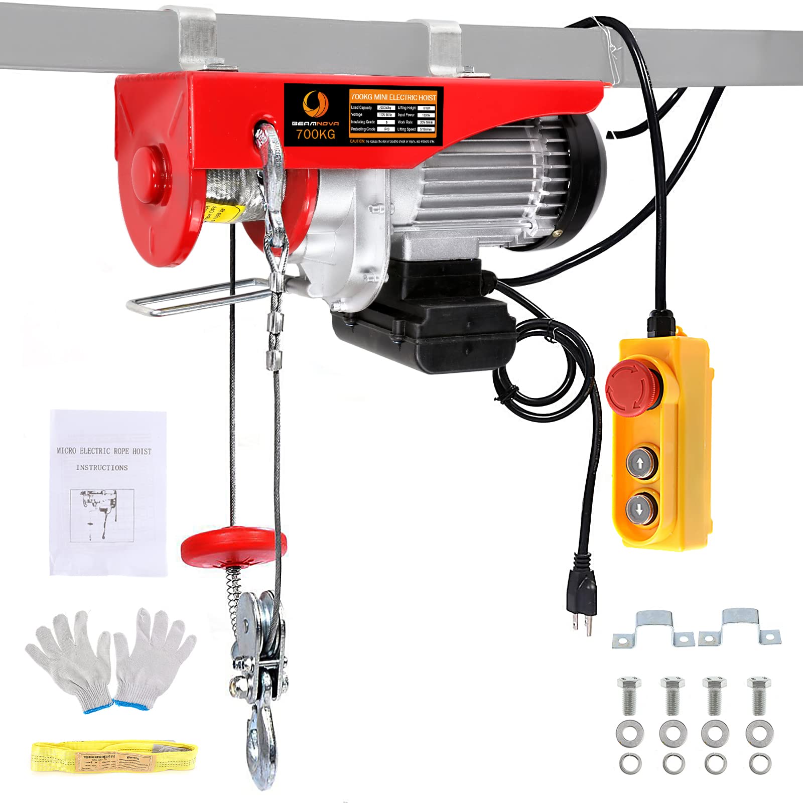 BEAMNOVA 110-120V Electric Hoist with Remote Control (1543 lbs) Accessories Included