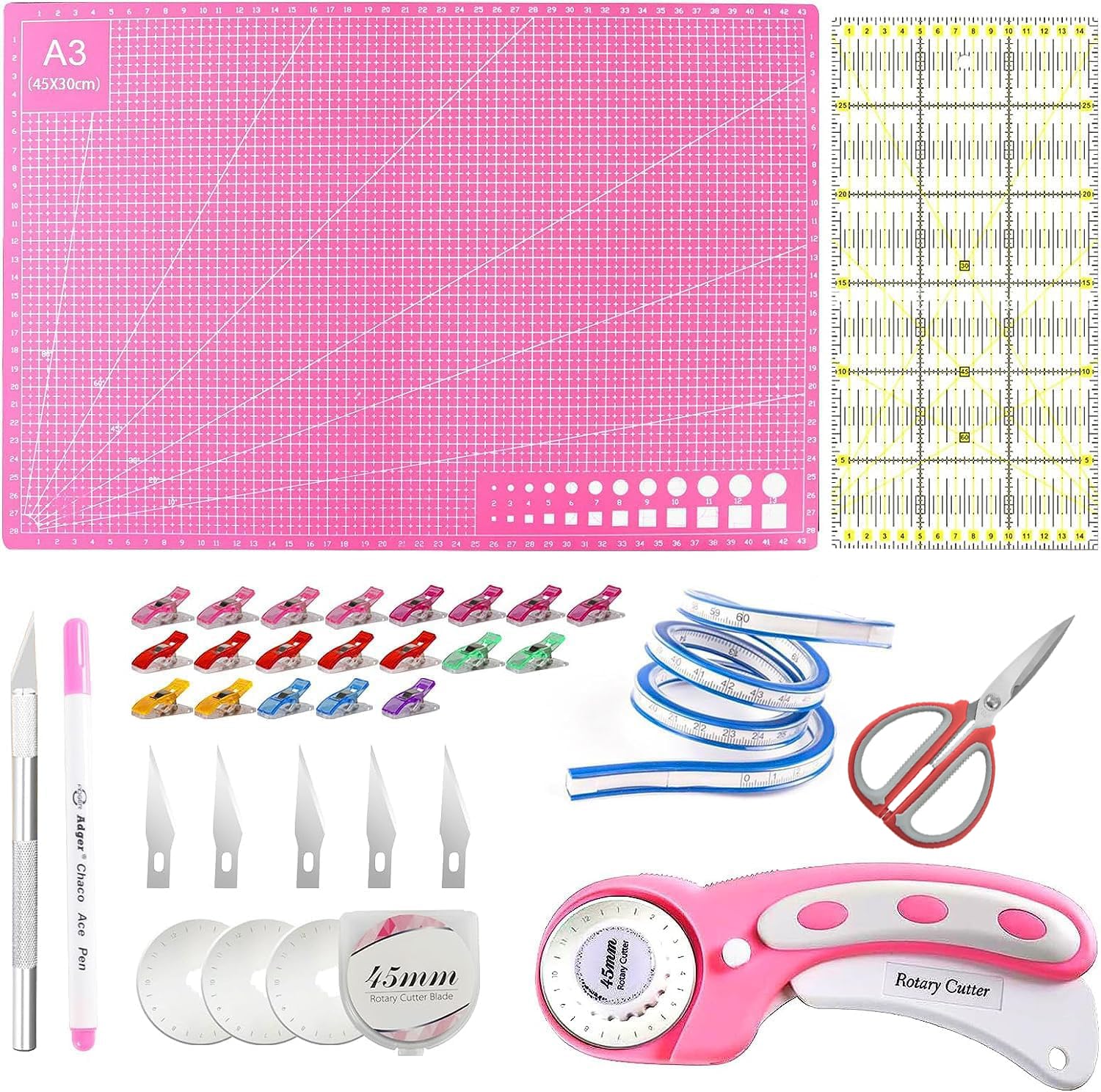 Rotary Cutter Set 38PCS 45mm Wheel for Sewing Quilting A3 Mat